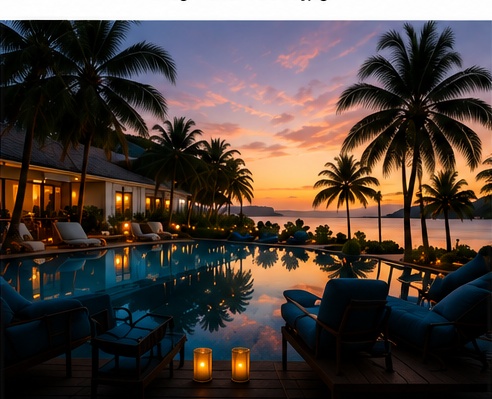 Boutique hotel pool at sunset