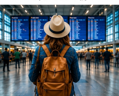 Traveler in airport looking at flight board