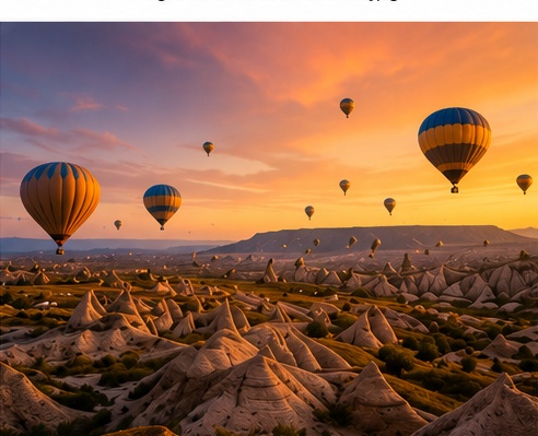 Hot air balloons over a scenic destination
